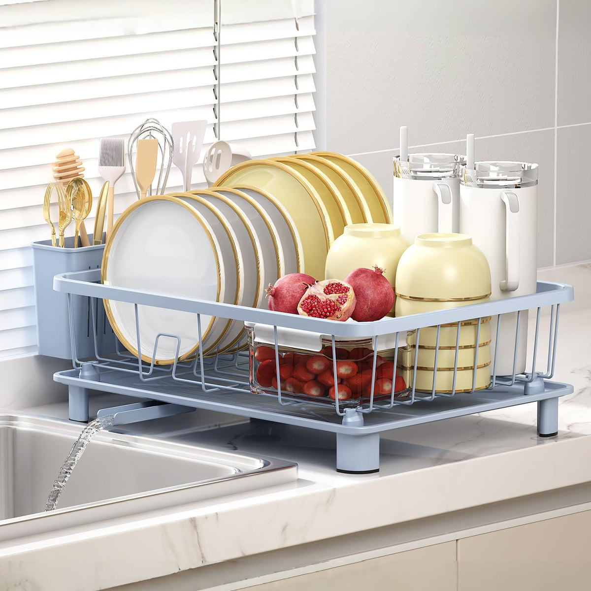 Hiviweer blue dish drying rack with non-slip feet prevents sliding on countertops.
