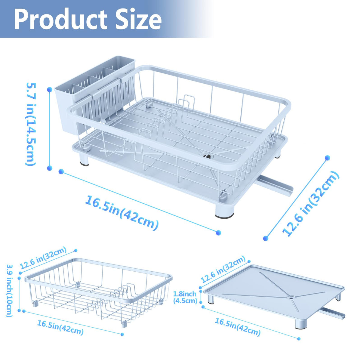Hiviweer blue dish drying rack beside sink showing sturdy rustproof frame and stability.