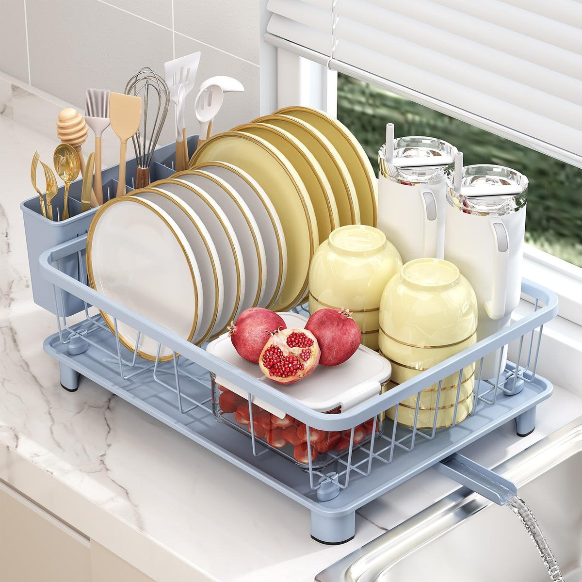 Hiviweer blue dish drying rack spread on counter with a utensil holder, keeps dishes organized and dry.