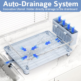 Hiviweer blue dish drying rack features rustproof frame and drainage board directing water into the sink.
