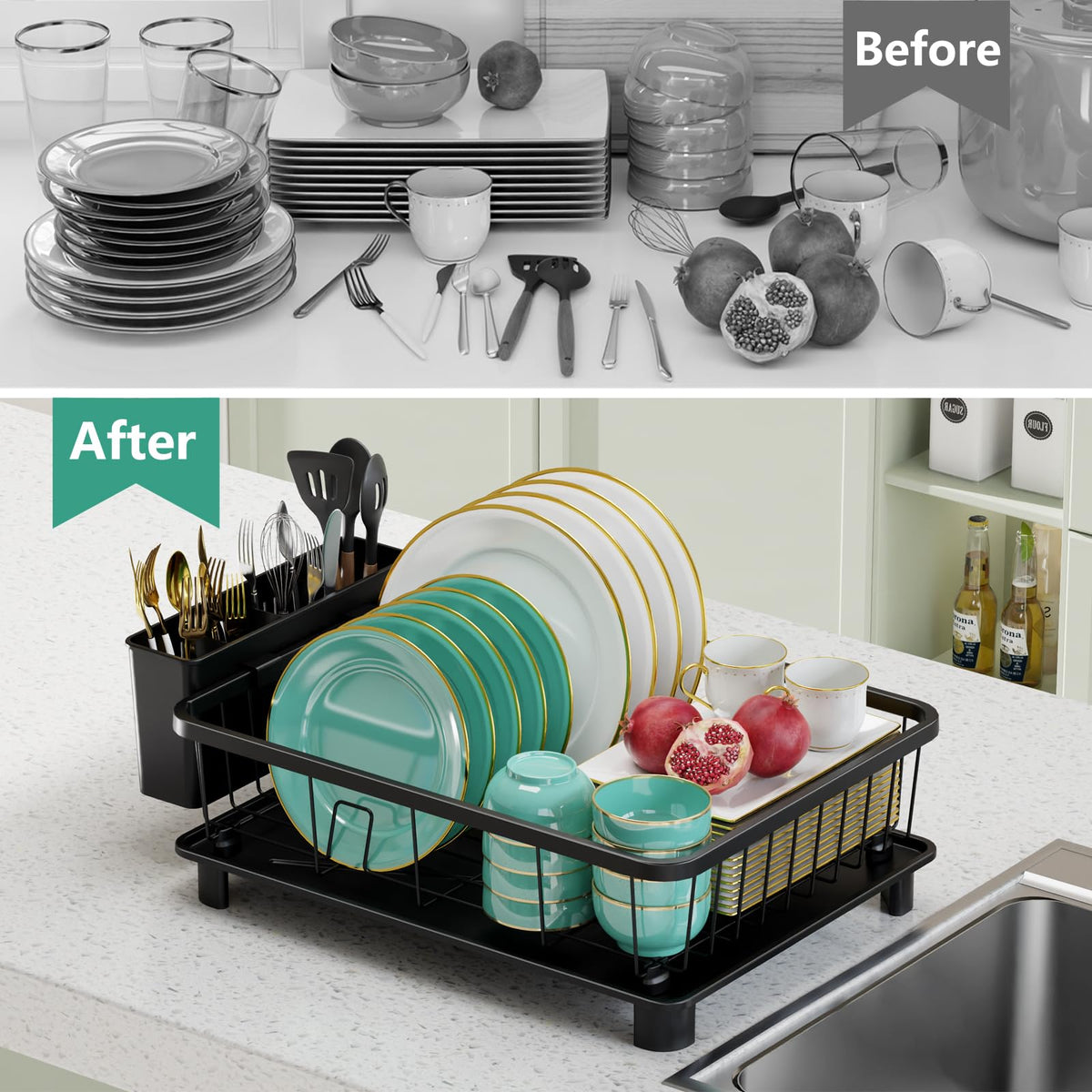 Hiviweer dish drying rack on counter keeps items dry and tidy.