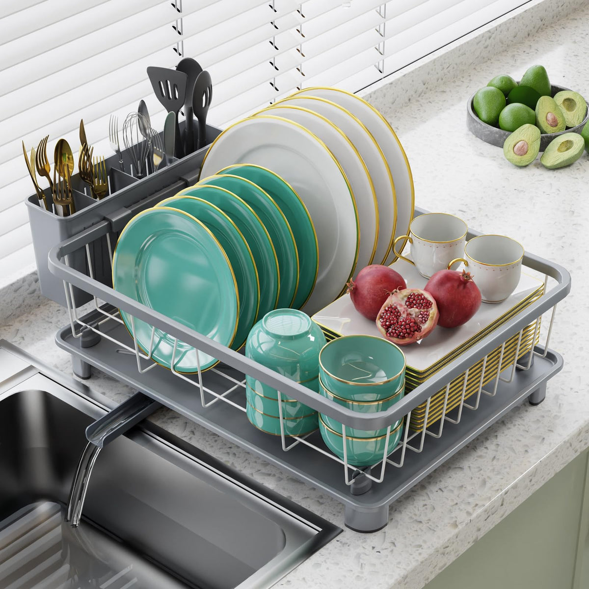 Hiviweer dish drying rack demonstrates space-saving design on a compact kitchen counter.