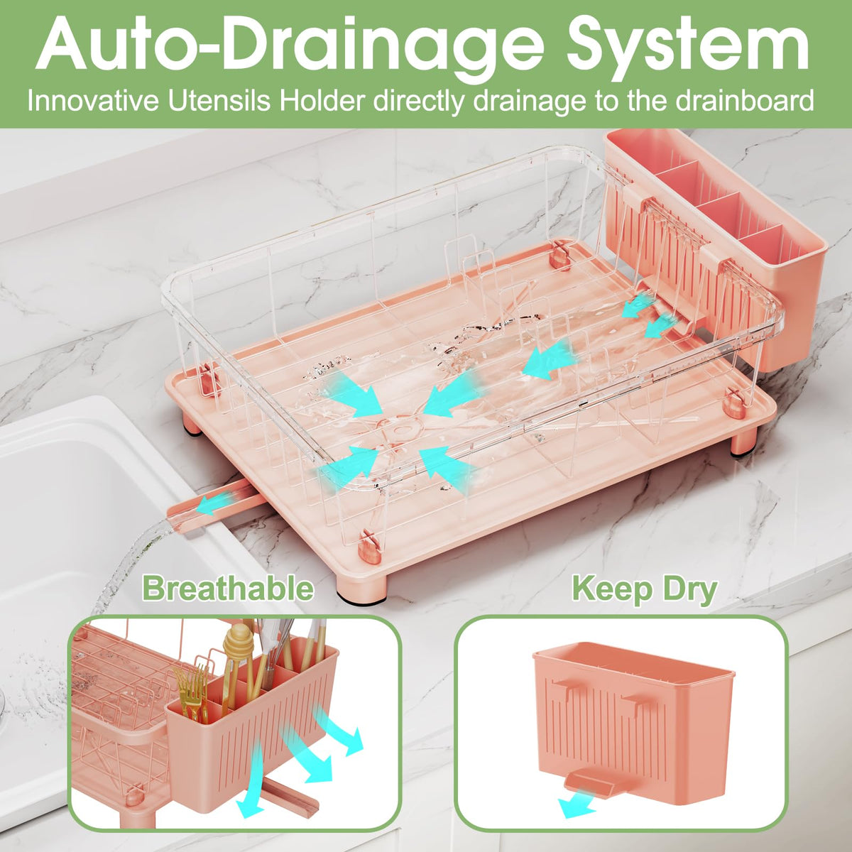 Hiviweer pink dish drying rack drainboard closeup highlights moisture drainage.