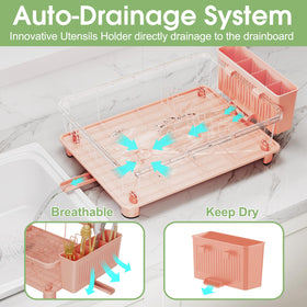 Hiviweer pink dish drying rack drainboard closeup highlights moisture drainage.