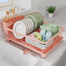 Hiviweer pink dish drying rack front view showing compact, space-saving profile.