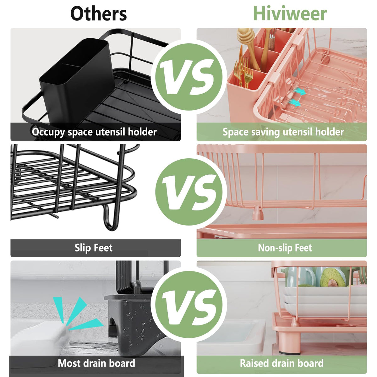 Hiviweer pink dish drying rack rustproof carbon steel with protective frame.