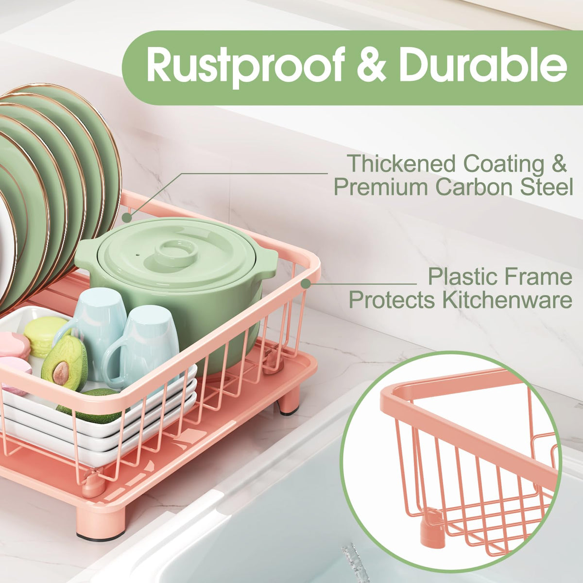 Hiviweer pink dish drying rack with detachable utensil holder stays organized.