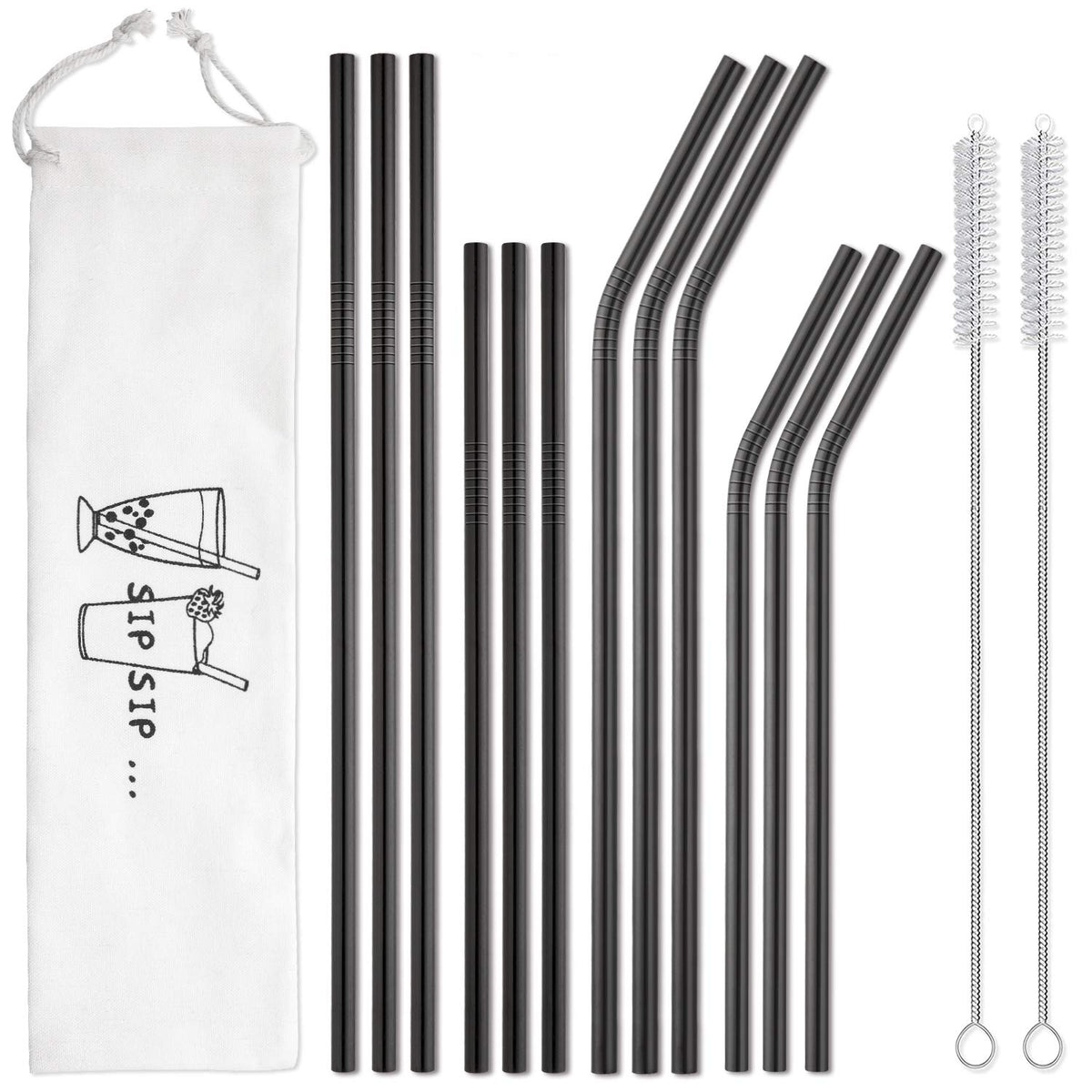 Hiware 12-pack black stainless steel straws with case for convenient on-the-go sipping.