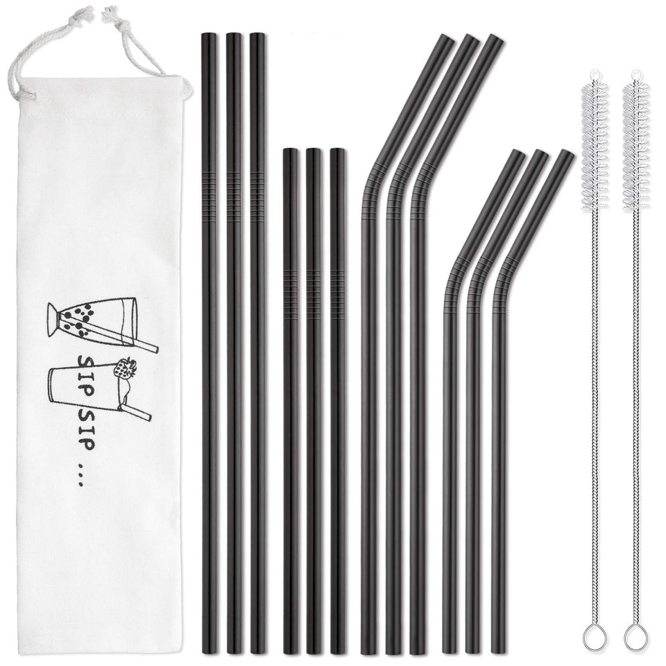 Hiware 12-pack black stainless steel straws with case for convenient on-the-go sipping.