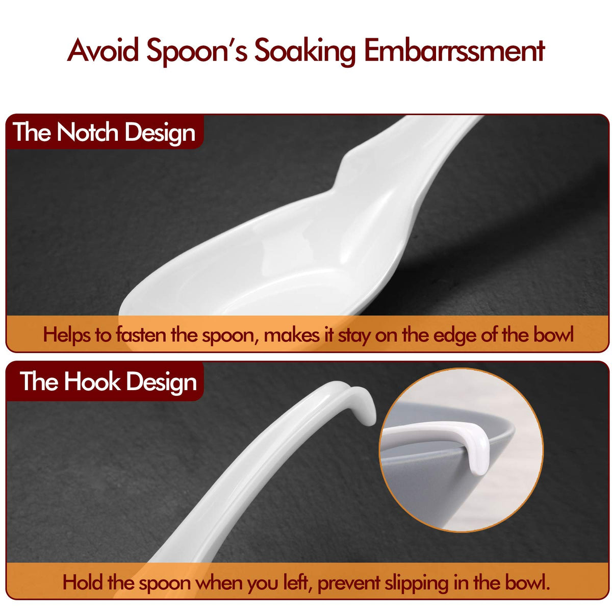 Hiware spoon notch and hook design prevents slipping from bowls