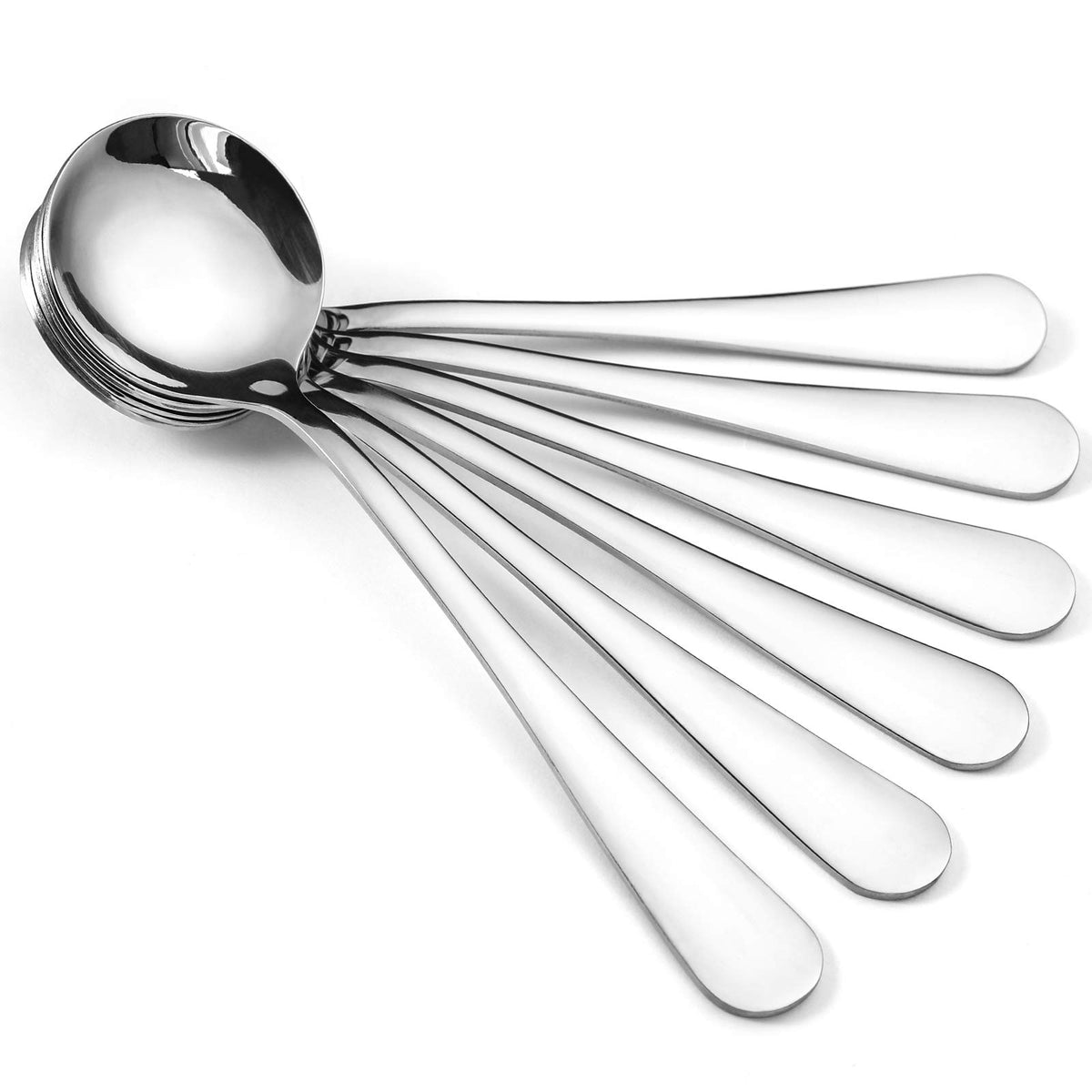 HIWARE 12-piece soup spoons provide round stainless-steel elegance for everyday dining.