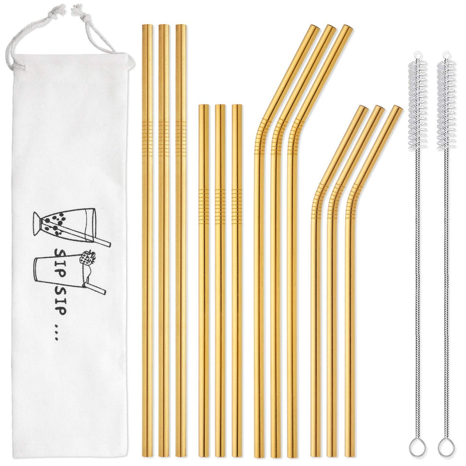 Hiware 12-pack gold stainless steel straws with case for eco-friendly, reusable sipping