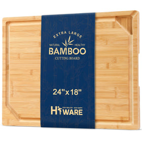 HIWARE 24x18 extra large bamboo board offers ample prep space for meats and veggies.