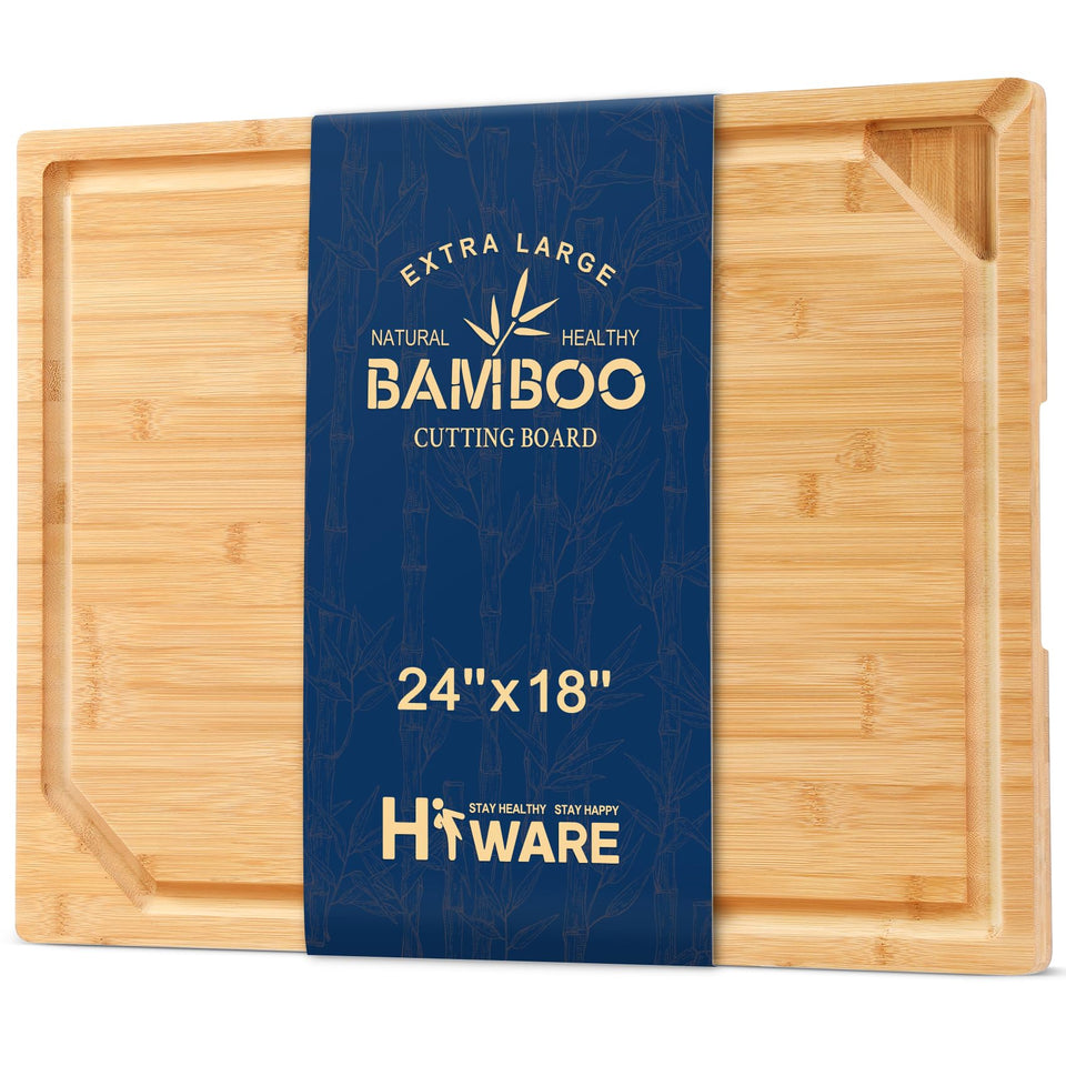 HIWARE 24x18 extra large bamboo board offers ample prep space for meats and veggies.