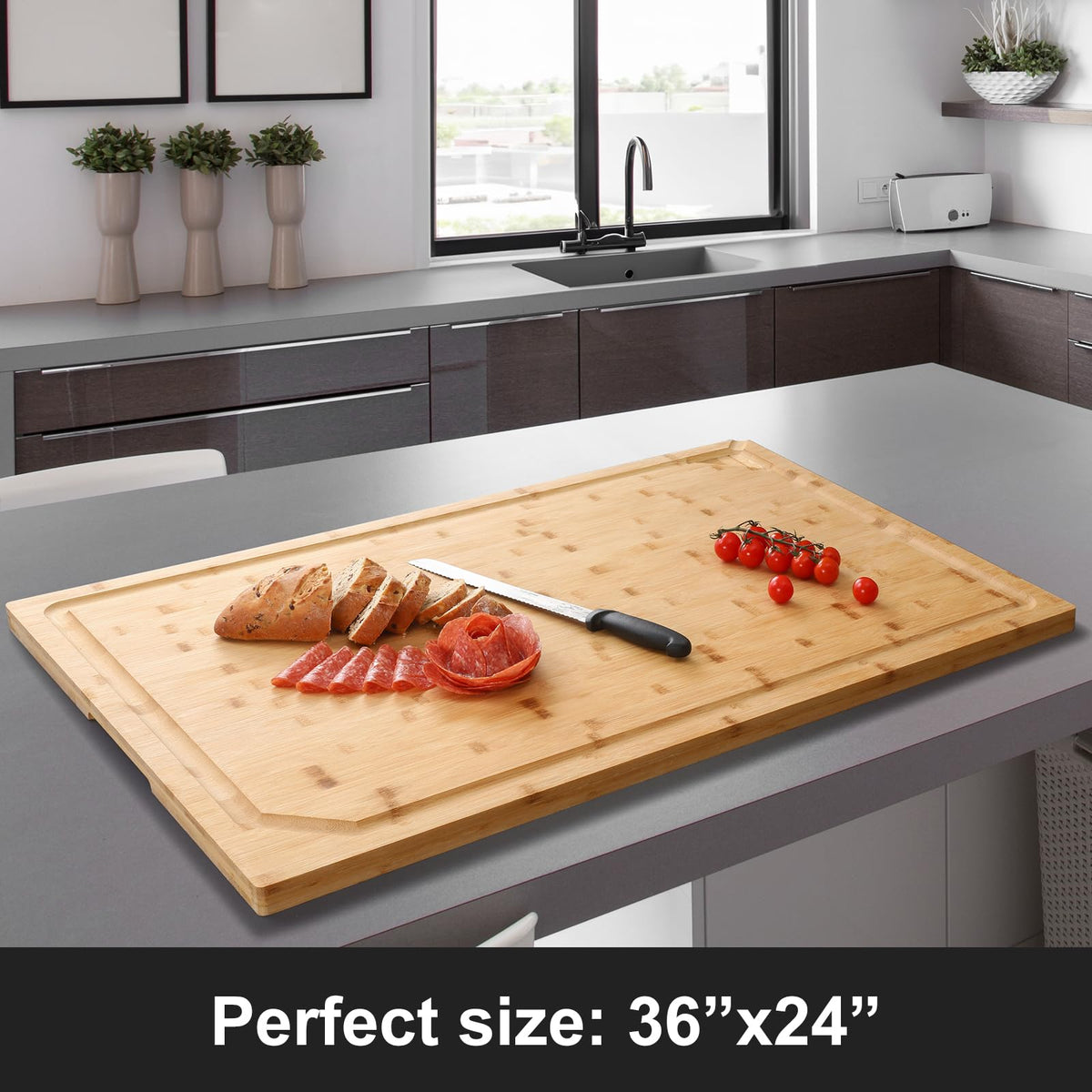 HIWARE bamboo board with juice grooves for mess-free liquid containment.