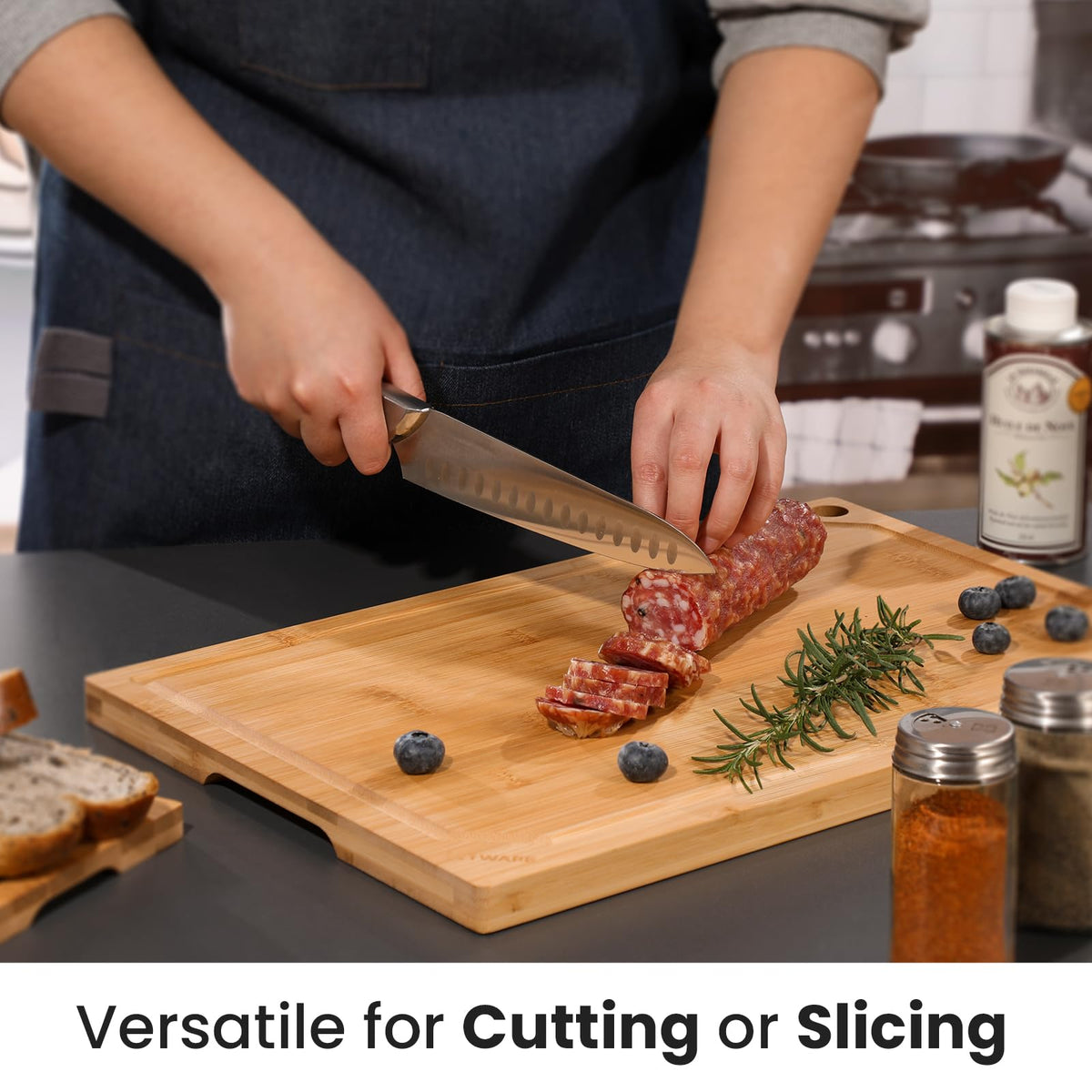 Hiware bamboo cutting board pre-oiled finish protects surface