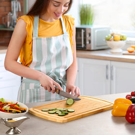 HIWARE 16 by 10 inch bamboo board fits compact kitchens.