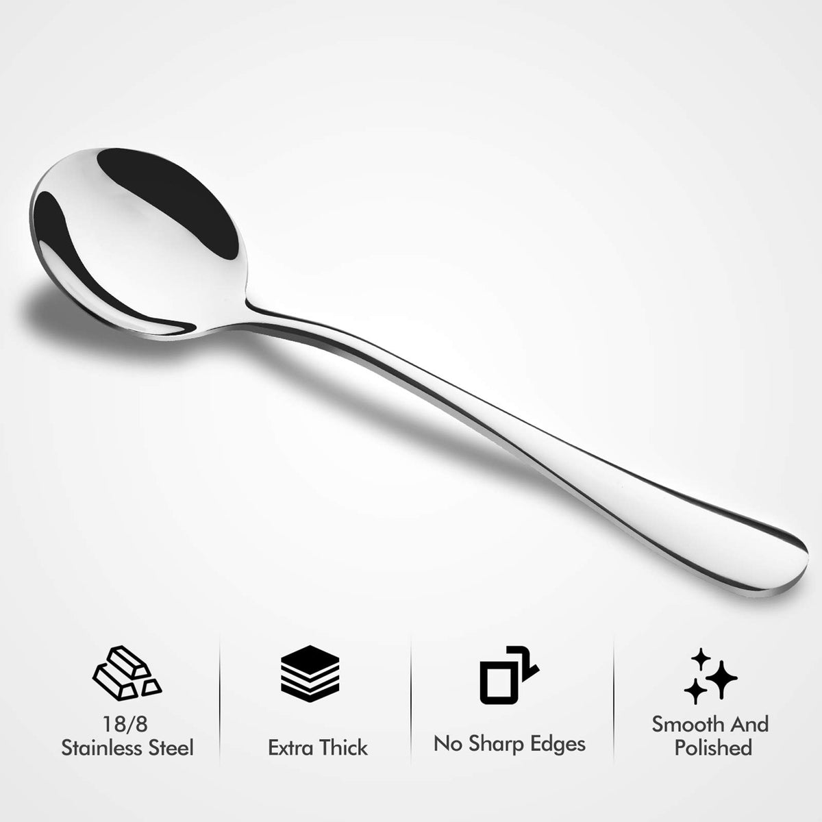 HIWARE bouillon spoons with polished finish enhance bouillon and soups.