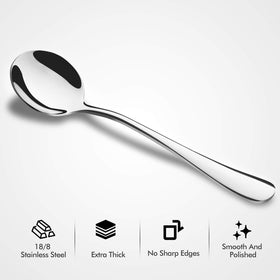 HIWARE bouillon spoons with polished finish enhance bouillon and soups.