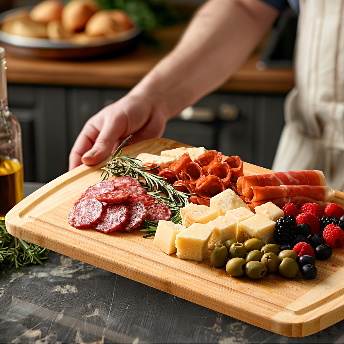 HIWARE cutting board serves as a stylish charcuterie board for cheeses and fruits.