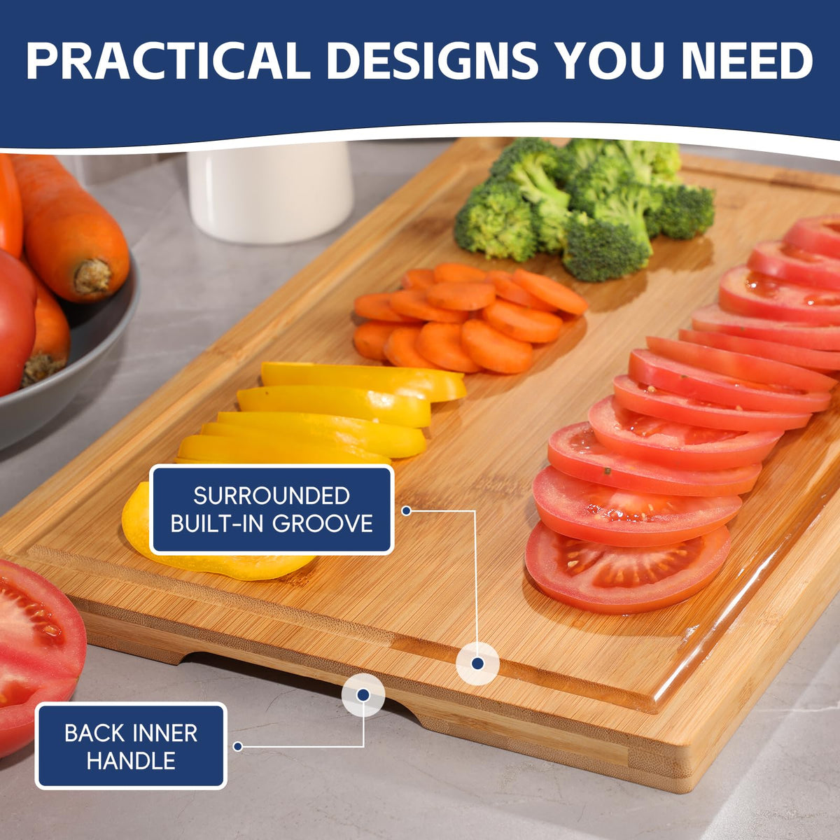 HIWARE cutting board inner handles: easy grip and extra cutting space.