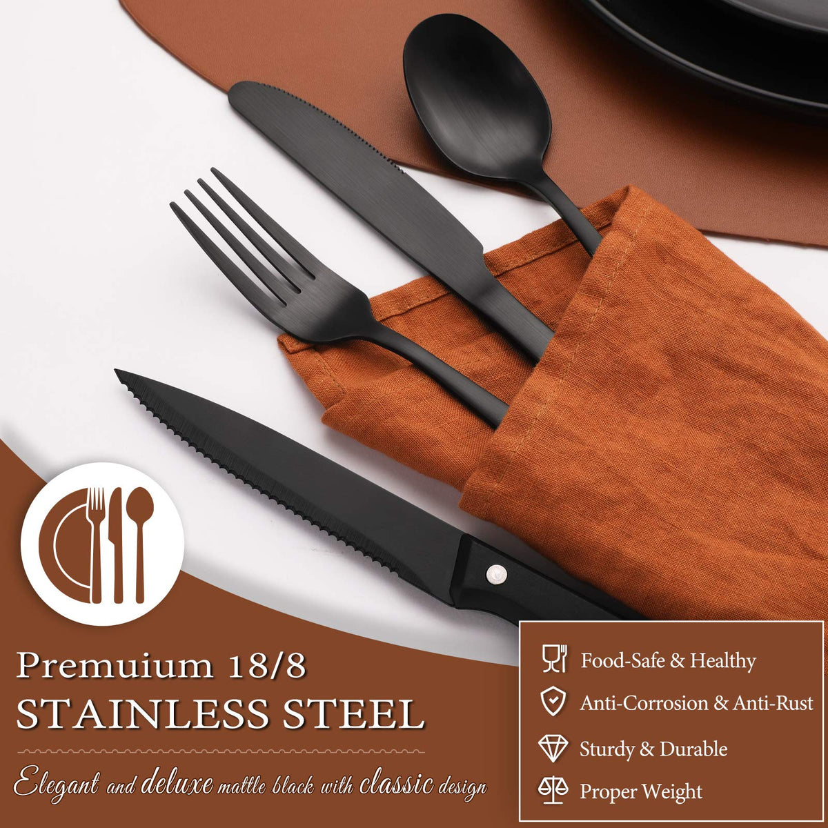 Hiware dinner knives in matte black for precise slicing at home.