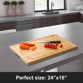 HIWARE heavy-duty bamboo cutting board with thick construction stands up to busy kitchens.