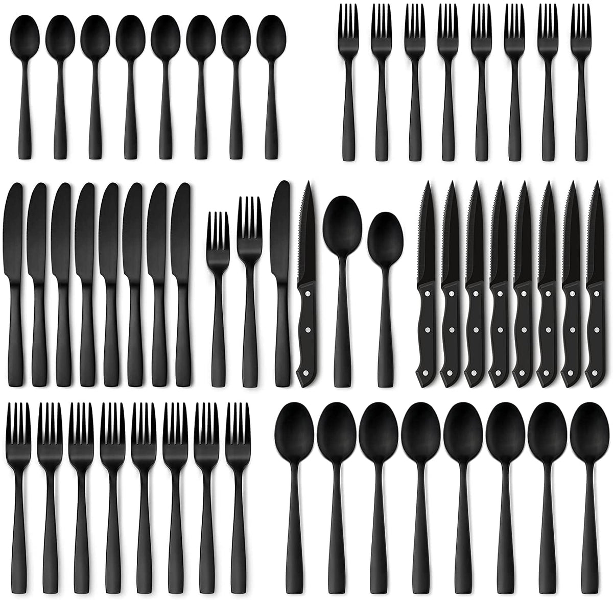 Hiware matte black 48-piece flatware set on table for eight, offering modern elegance
