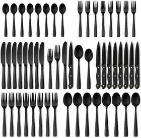 Hiware matte black 48-piece flatware set on table for eight, offering modern elegance