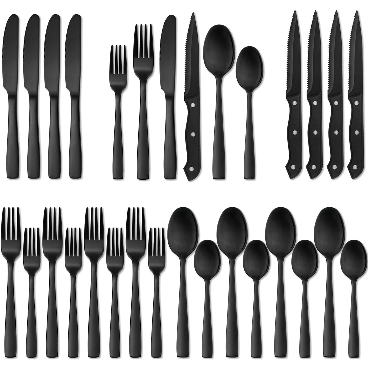 Hiware matte black silverware set on a four-person dining table for stylish everyday meals.