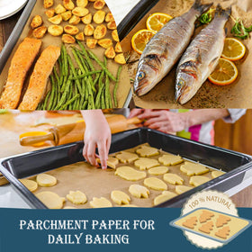 Hiware parchment paper oven-safe up to 450°F illustrated on a baking tray.