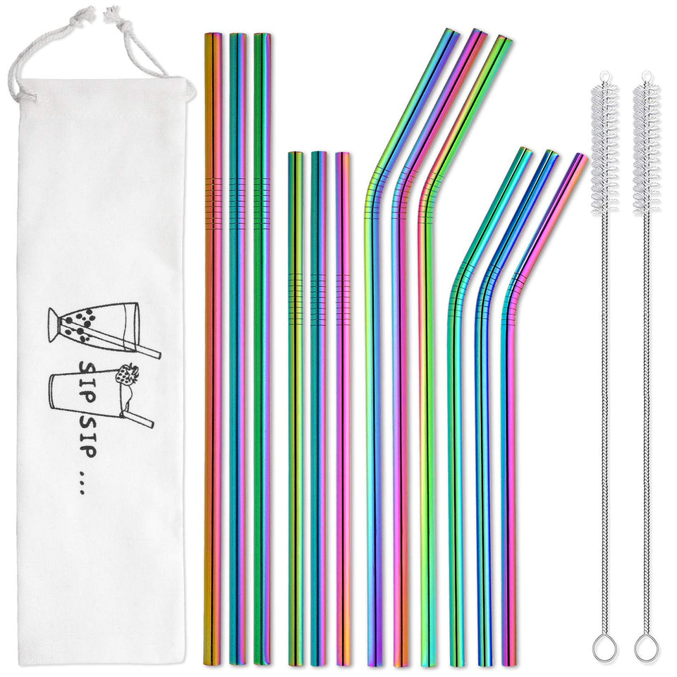 HIWARE rainbow metal straws case 12-pack offer durable, reusable alternative to plastic.