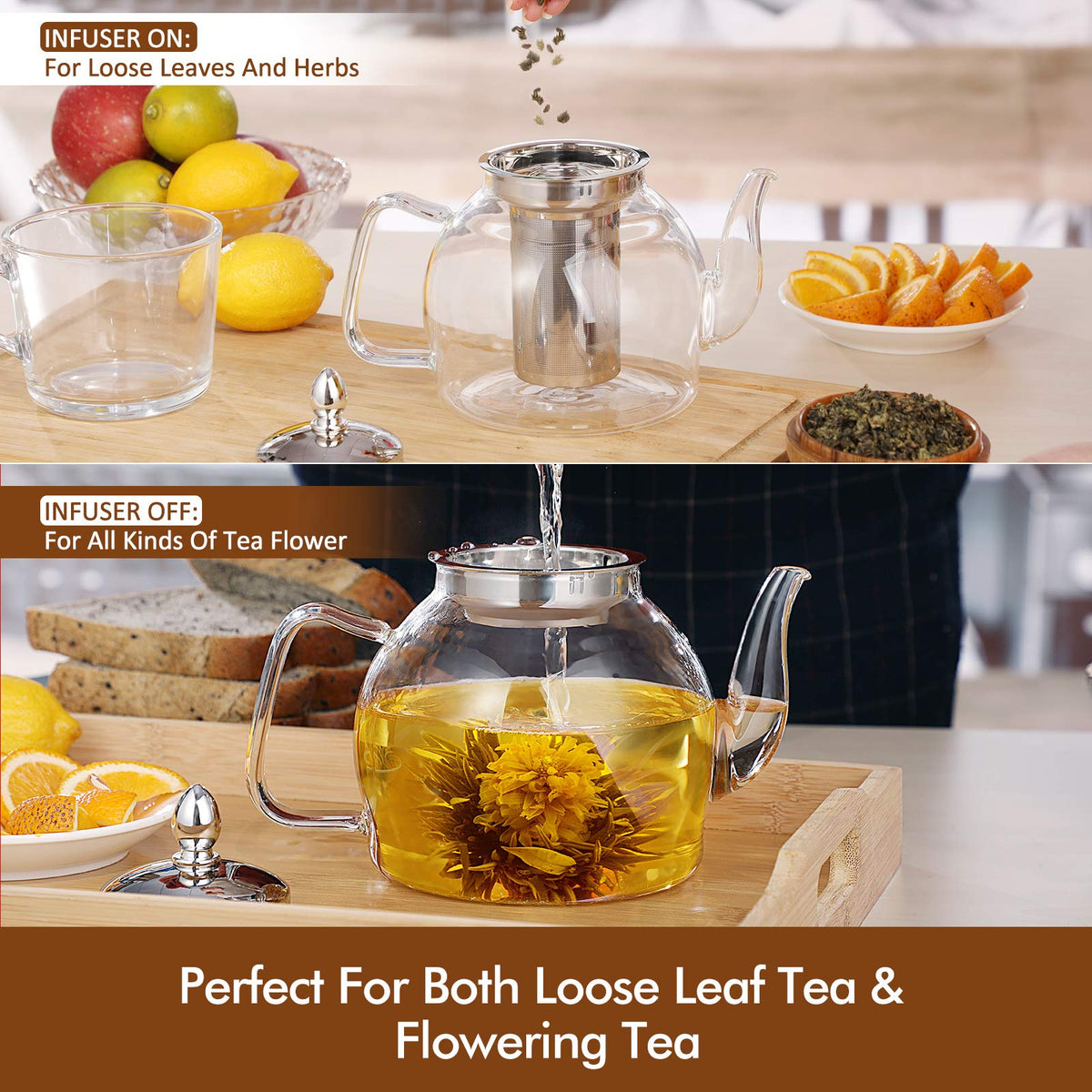 Removable stainless steel mesh infuser supports loose leaf variety.