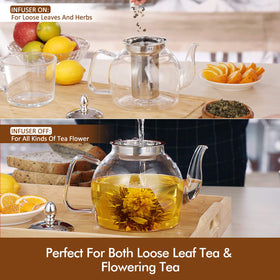 Removable stainless steel mesh infuser supports loose leaf variety.