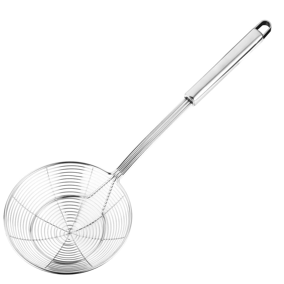 Hiware solid stainless steel spider strainer bowl highlights large 5.4-inch opening for quick draining.