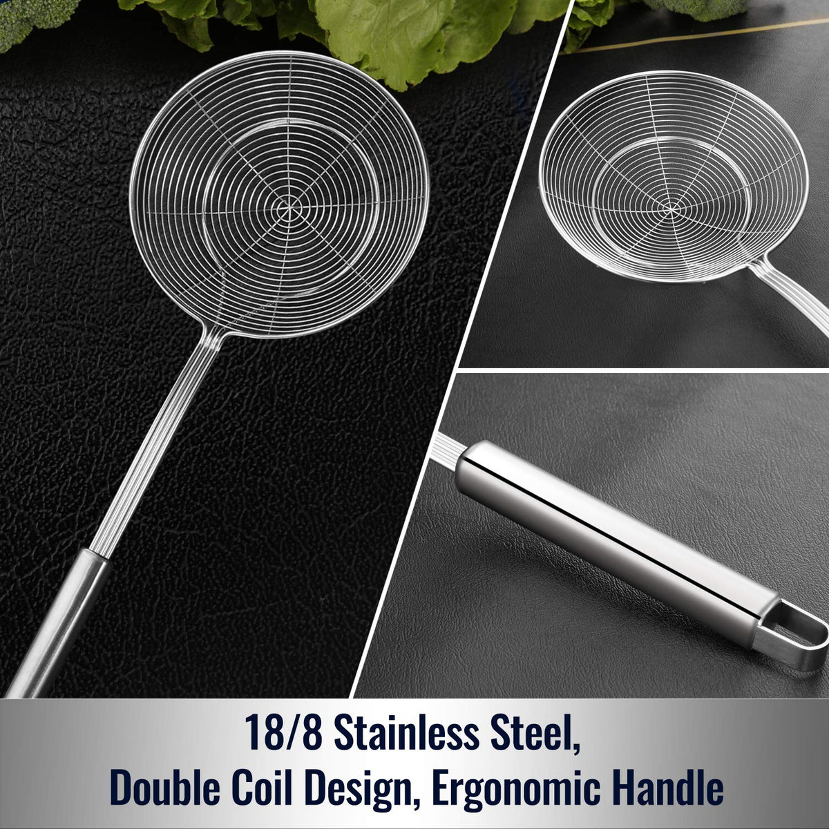 Hiware spider strainer dimensions emphasize reach and versatility for soups, seafood, and vegetables.