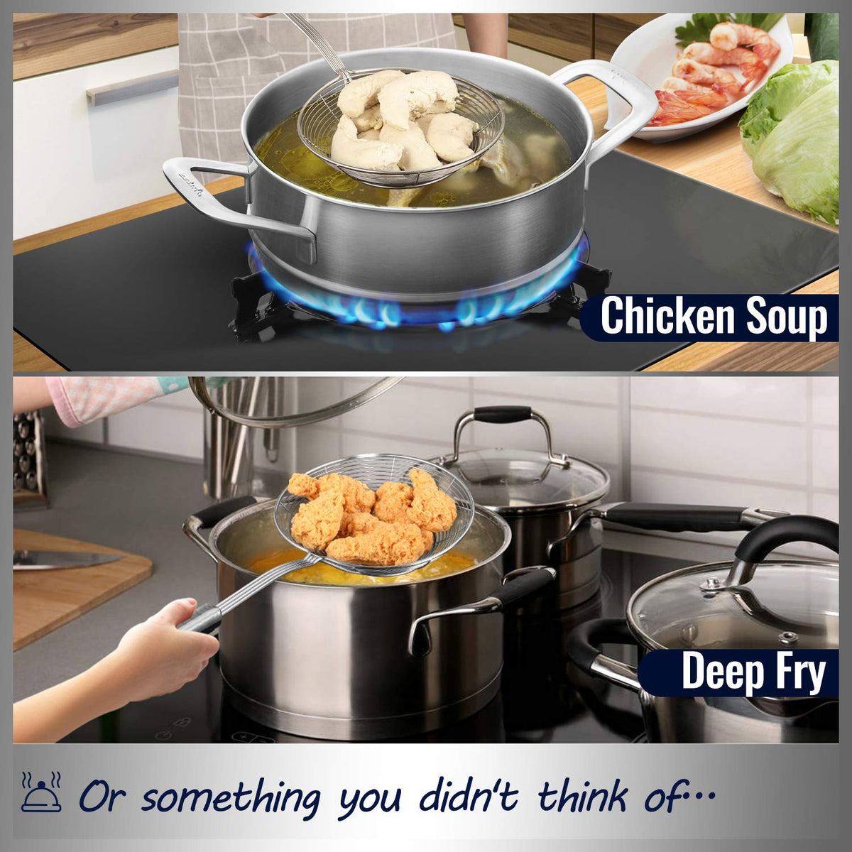 Hiware hanging-hole design aids neat storage after cooking.