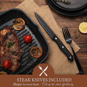 Hiware steak knives included for easy at-table carving.