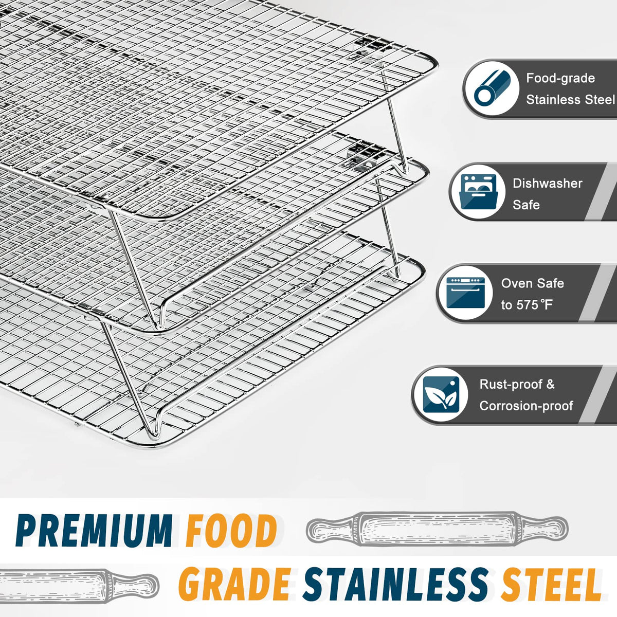 HIWARE cooling rack with support feet on counter for stability