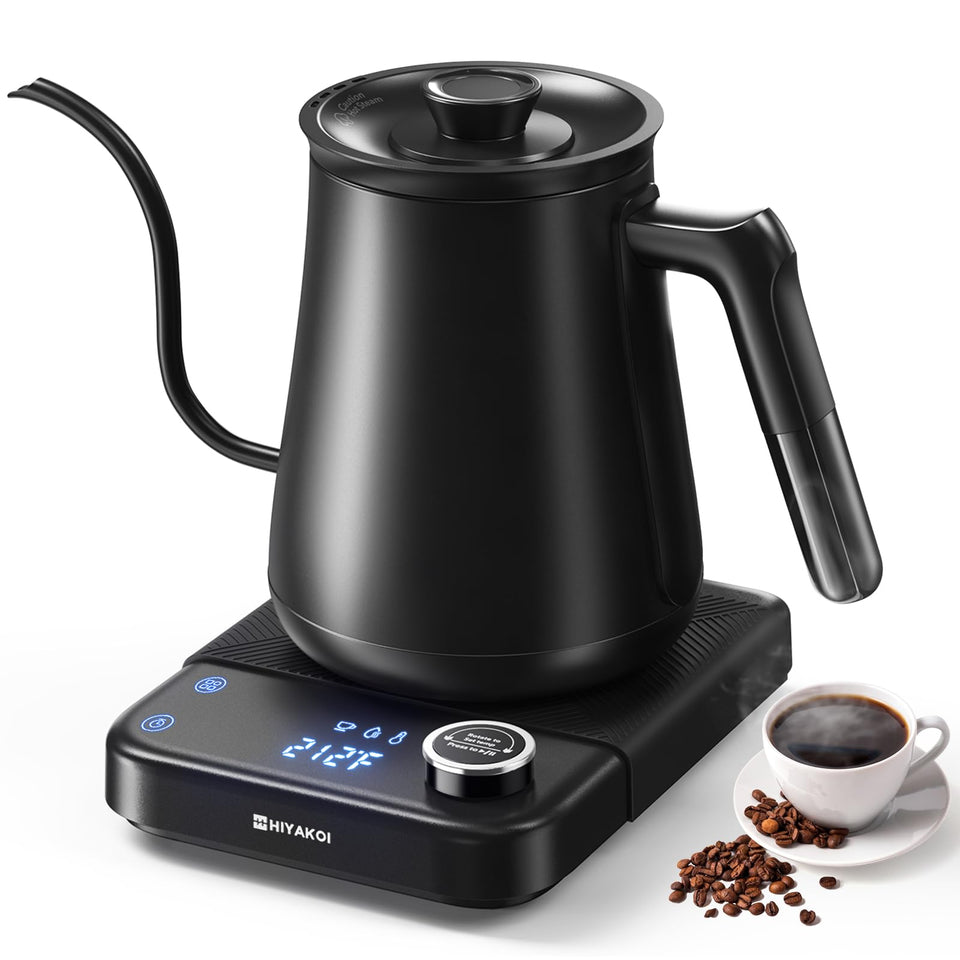 HIYAKOI gooseneck kettle with precise temp control for ideal pour-over.
