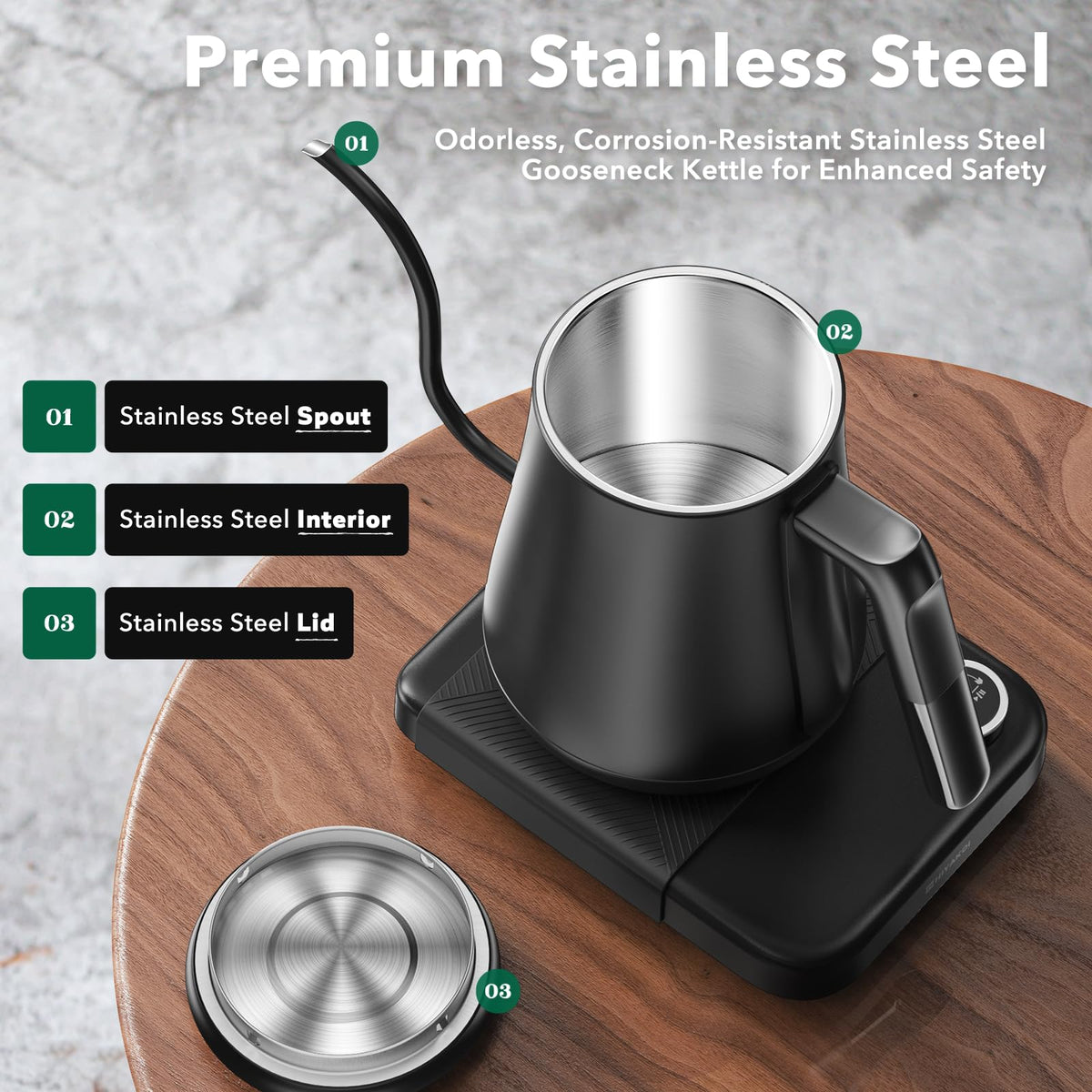 HIYAKOI kettle safety features auto shut-off and boil-dry protection.