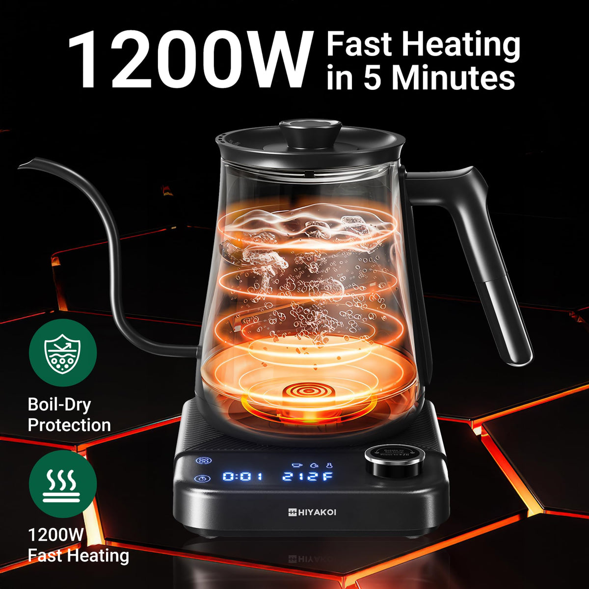 HIYAKOI kettle with LED timer assists timing for consistent extraction.