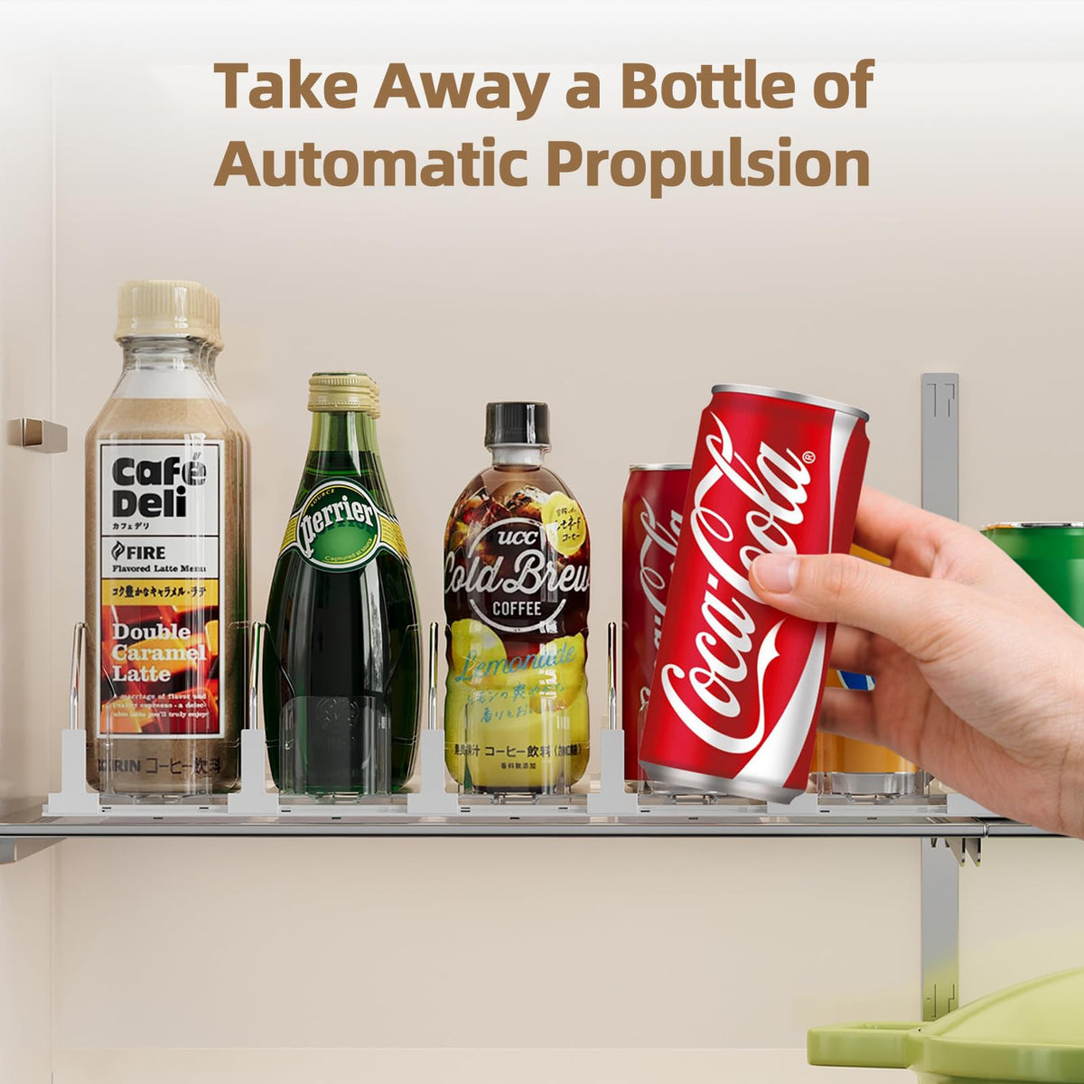 HIYOHIYO front-view of the 5-row organizer improving grab-and-go drinks.