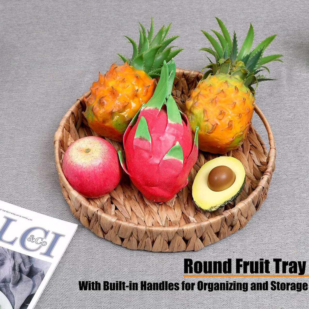 HJAYUXYO round wicker tray serves fruit and tea on a stylish table.