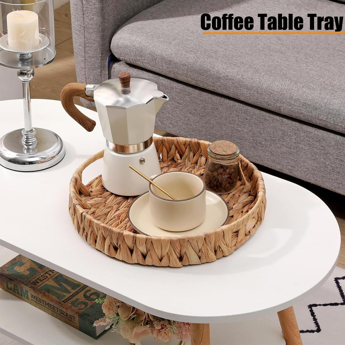 HJAYUXYO water hyacinth round tray texture adds natural rustic charm.