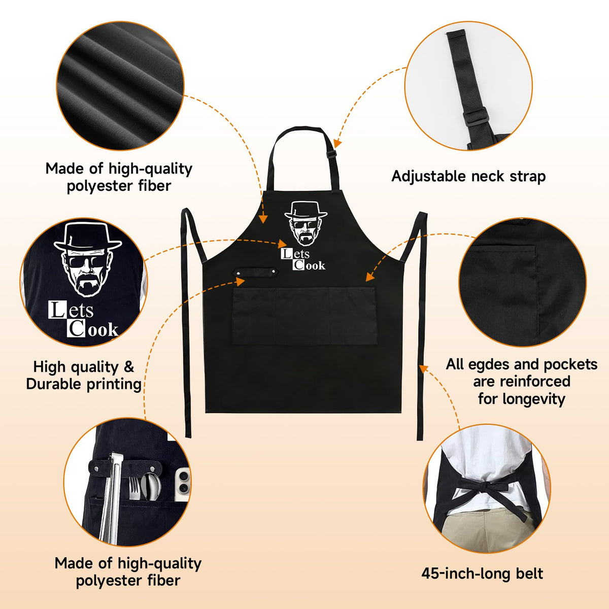 Hkmmdvc Lets Cook apron back view highlights full coverage and comfortable fit.