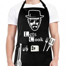Hkmmdvc Lets Cook apron front view showcases playful design for grilling and home cooking.