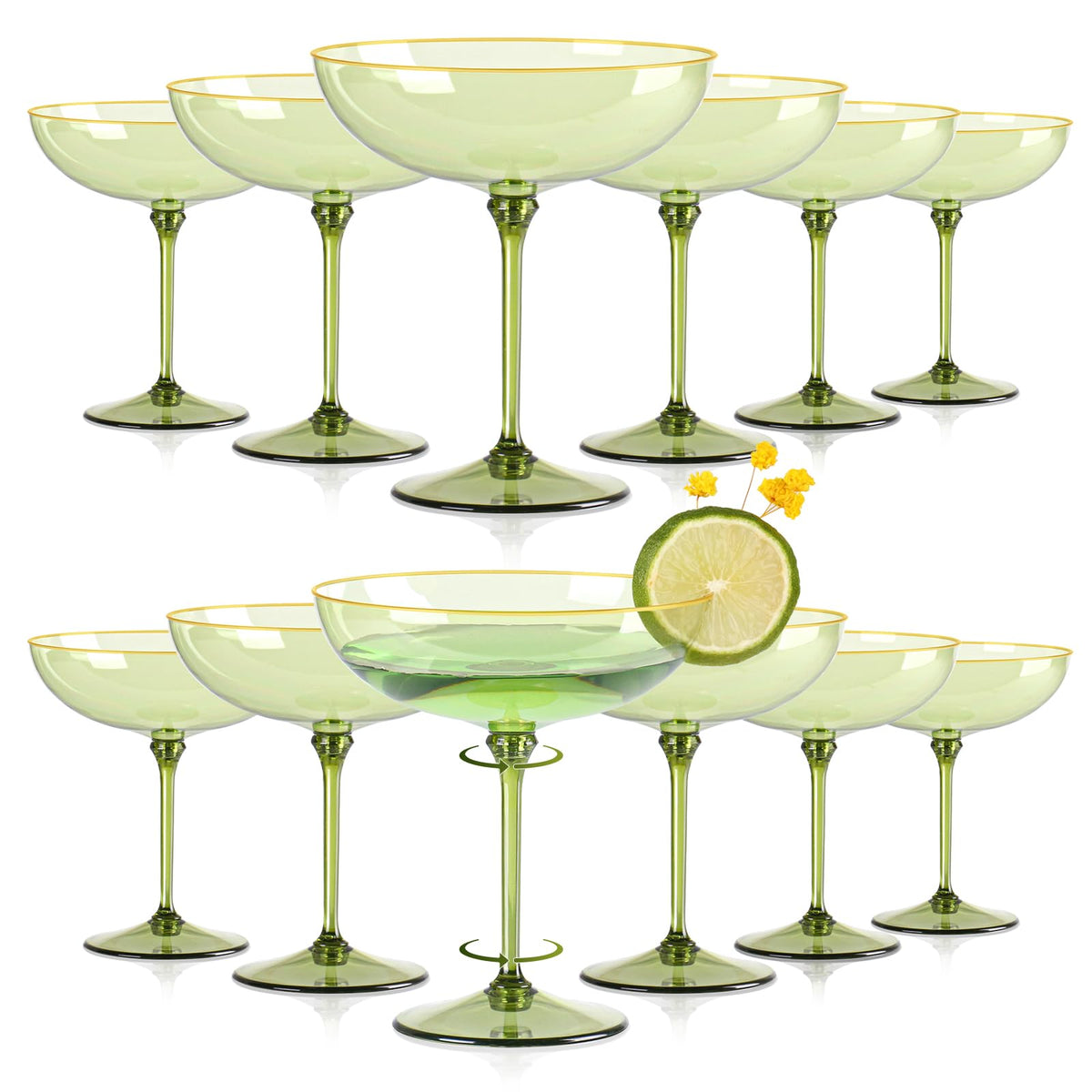 HKSZEH 12-piece sage green plastic coupe glasses with gold rim for festive drink service.
