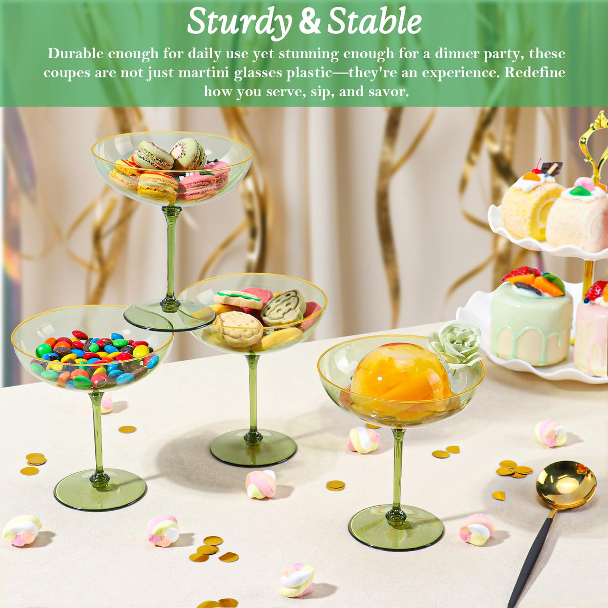 Gold rim and green hue brighten holiday parties and weddings.