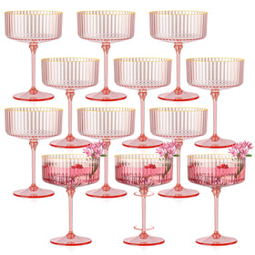HKSZEH pink ribbed coupe glasses in a 12-piece set for stylish parties